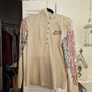 Women's Harley-Davidson Beige Hooded Shirt with Pink and Blue Accents